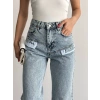 Yazı Detaylı Wide Leg Jean Pantolon