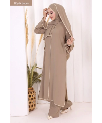 8001-1 Biyeli Pantolonlu Tunik Takım  Şal Vizon