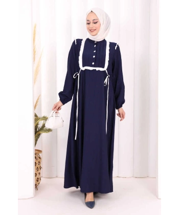 Bağlamalı ve Fırfır Detaylı Elbise 6064 Lacivert