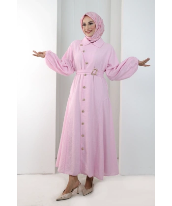 Balon Kollu Düğmeli Elbise 7098 Pembe