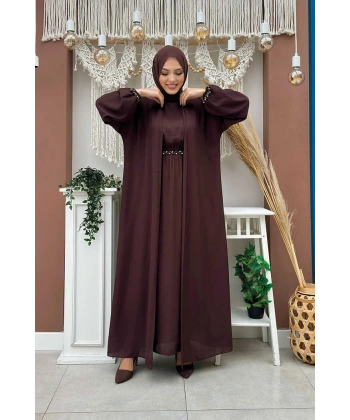 Bel Bilek Kısımları Taşlı Elbiseli Abaya Takım 8490 Kahverengi