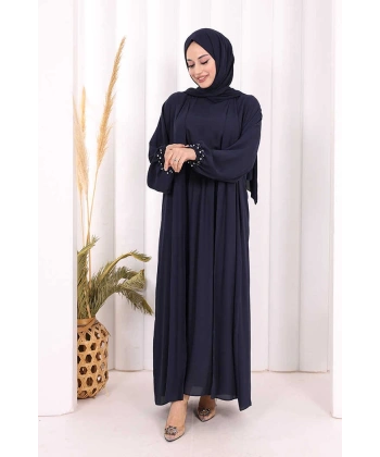 Bel Bilek Kısımları Taşlı Elbiseli Abaya Takım 8490 Lacivert