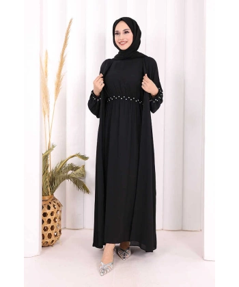 Bel Bilek Kısımları Taşlı Elbiseli Abaya Takım 8490 Siyah