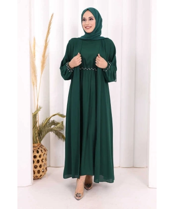 Bel Bilek Kısımları Taşlı Elbiseli Abaya Takım 8490 Zümrüt