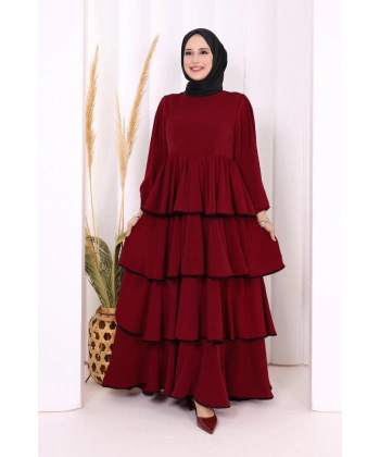 Bel Kuşaklı Kat Detay Elbise 6029 Bordo