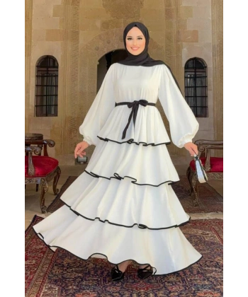 Bel Kuşaklı Kat Detay Elbise 6029 Ekru