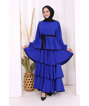 Bel Kuşaklı Kat Detay Elbise 6029 Saks