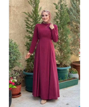 Bel Kuşaklı Kol Fermuar Detaylı Elbise 6041 Bordo