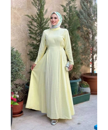 Bel Kuşaklı Kol Fermuar Detaylı Elbise 6041 Sarı