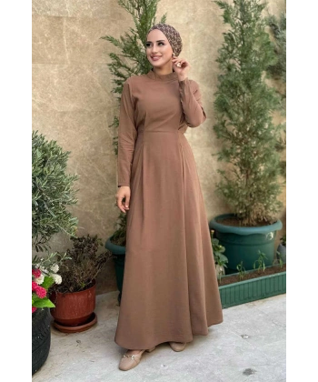 Bel Kuşaklı Kol Fermuar Detaylı Elbise 6041 Taba