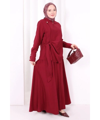 Belden Bağlamalı Bluz Etek Takım 8703 Bordo