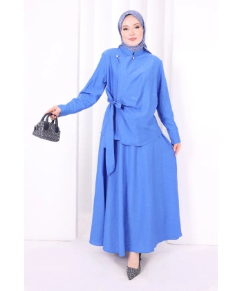 Belden Bağlamalı Bluz Etek Takım 8703 Saks