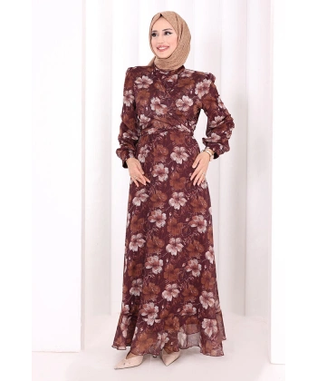 Belden Bağlamalı Desenli Elbise 6075 Mürdüm