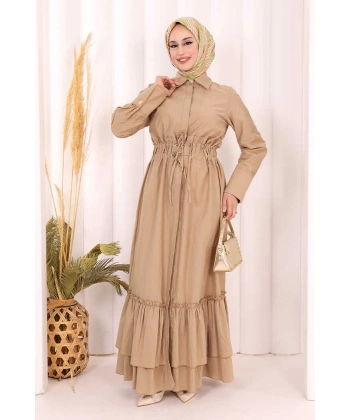 Belden Lastikli Boydan Düğmeli Elbise 6062 Camel