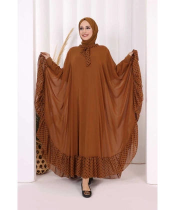 Benekli Yaka Detay Şifon Pelerinli Elbise Takım 3643 Taba