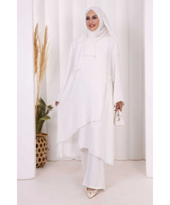 Biyeli Uzun Tunik Pantolon Takım 8005 Ekru