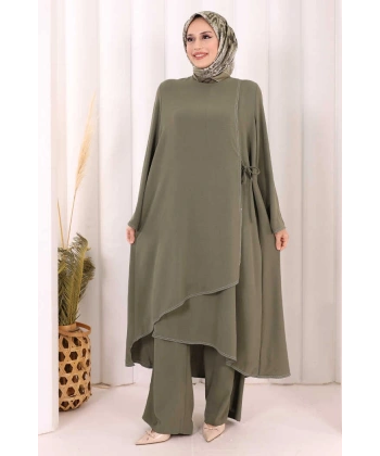 Biyeli Uzun Tunik Pantolon Takım 8005 Haki