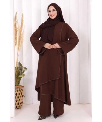 Biyeli Uzun Tunik Pantolon Takım 8005 Kahverengi