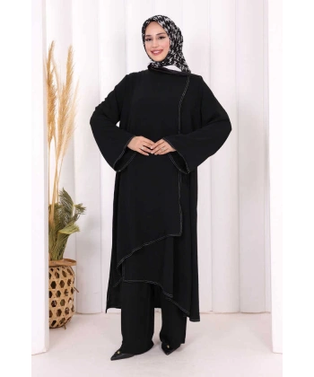 Biyeli Uzun Tunik Pantolon Takım 8005 Siyah