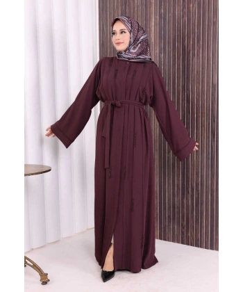 Boncuk İşlemeli Tam Boy Ferace 7894 Bordo