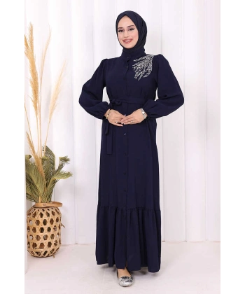 Boydan Düğmeli Omuz Taş İşleme Detaylı Ferace Elbise 3840 Lacivert