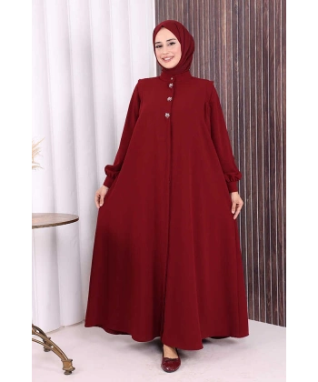 Boydan Düğmeli Taş İşleme Detaylı Ferace 7903 Bordo
