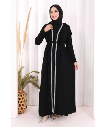 Boydan Fırfırlı Yelekli Elbise Takım 8489 Siyah