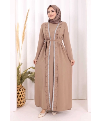 Boydan Fırfırlı Yelekli Elbise Takım 8489 Vizon