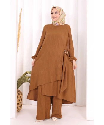 Broş Detaylı Pantolon Takım 8011 Kahverengi