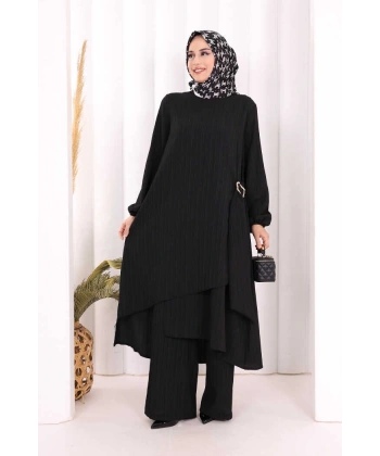 Broş Detaylı Pantolon Takım 8011 Siyah