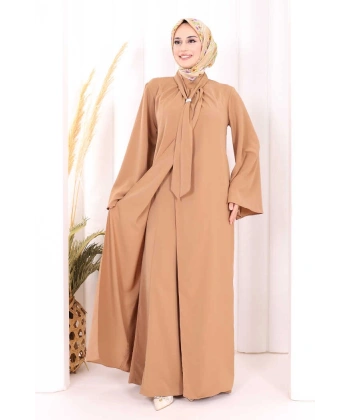 Broş Detaylı Tulumlu Takım 8016 Taba
