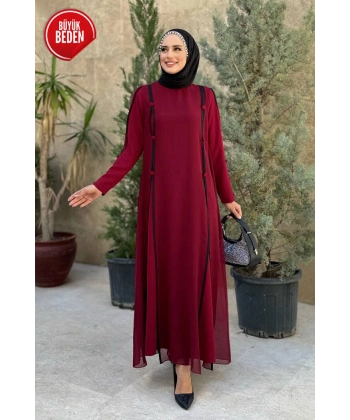 Büyük Beden Düğme Detaylı Elbise 3919-1 Bordo
