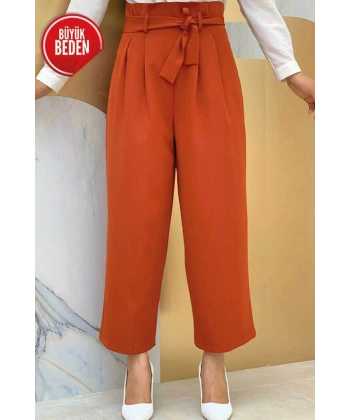 Büyük Beden Fermuarlı Bel Bağcıklı Pantolon 0174-1 Kiremit