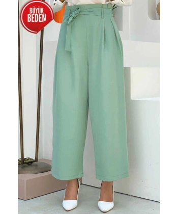 Büyük Beden Fermuarlı Bel Bağcıklı Pantolon 0174-1 Mint