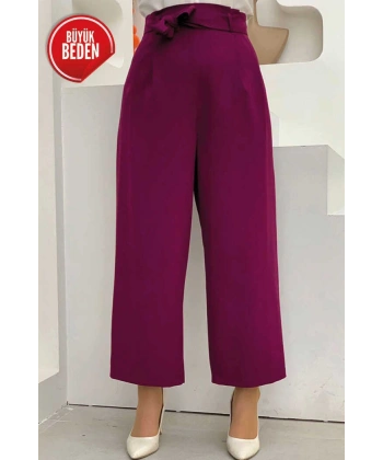 Büyük Beden Fermuarlı Bel Bağcıklı Pantolon 0174-1 Mor