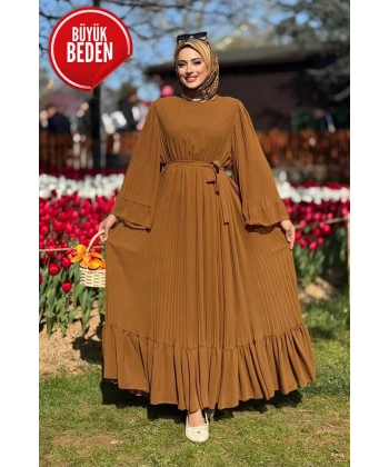 Büyük Beden Piliseli Fırfır Görünümlü Astarlı Şifon Elbise 3404-1 Taba