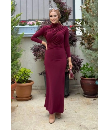 Büzgü Detaylı Sandy Elbise 3970 Bordo