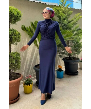 Büzgü Detaylı Sandy Elbise 3970 Lacivert