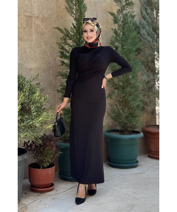 Büzgü Detaylı Sandy Elbise 3970 Siyah