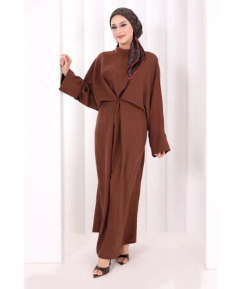 Çapraz Bağlamalı İpli Elbise 6083 Kahverengi