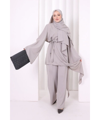 Çapraz Tunik Üçlü Takım 8037 Gri