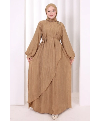 Çiçek Broş  Detaylı Elbise 6094 Taba