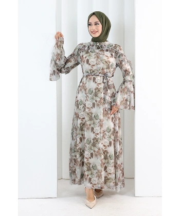 Çiçek Desen Elbise 7002 Haki