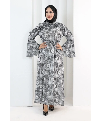 Çiçek Desen Elbise 7002 Siyah
