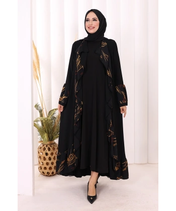 Çiçek Desenli Fırfırlı Abaya 7908 Siyah