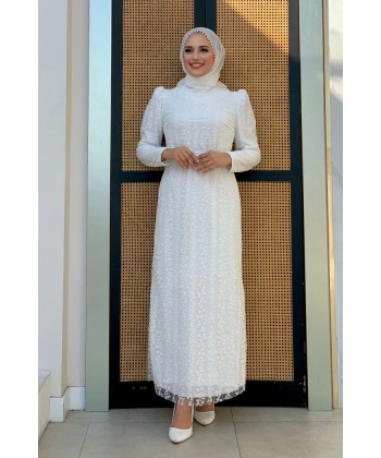 Çiçek Desenli Simli Tül Abiye Elbise 1108 Ekru