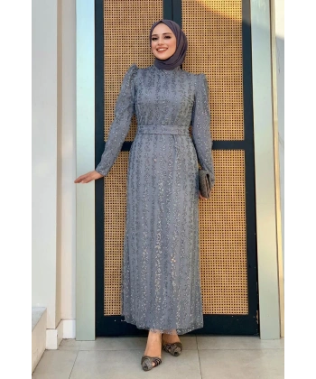 Çiçek Desenli Simli Tül Abiye Elbise 1108 Gri
