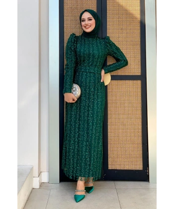 Çiçek Desenli Simli Tül Abiye Elbise 1108 Zümrüt