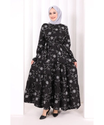 Çiçekli Nakışlı Elbise 6091 Ekru