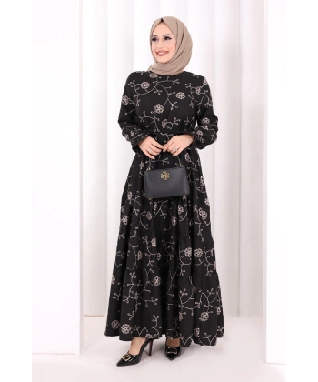 Çiçekli Nakışlı Elbise 6091 Vizon